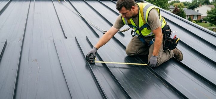 Tape measure held against a raised seam on a metal roof panel