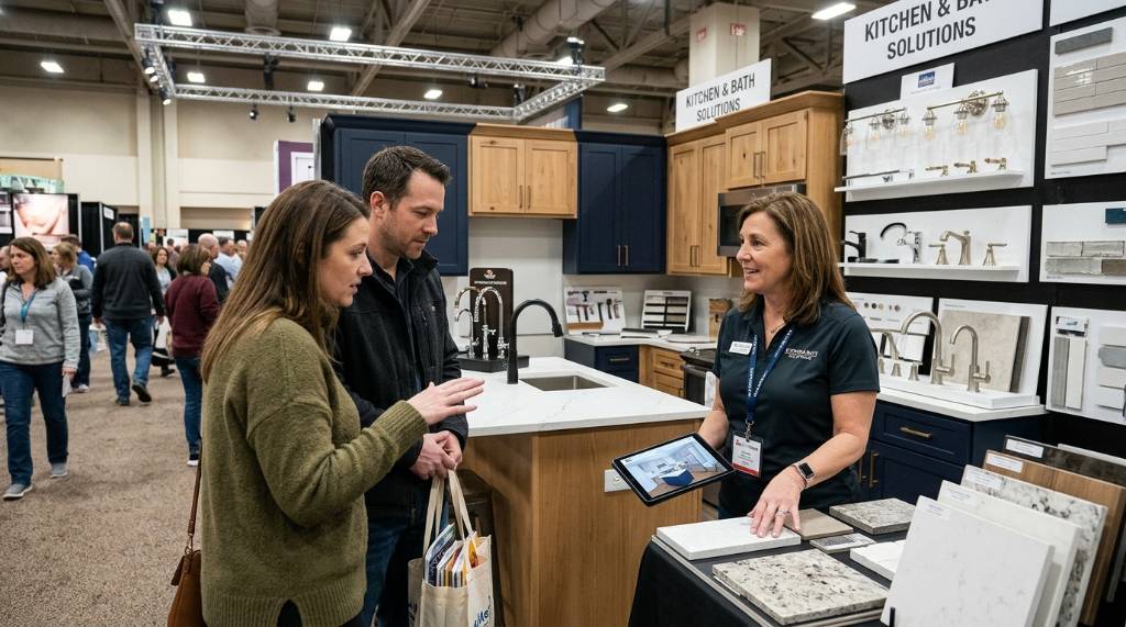 Homeowner talking with a kitchen and bath exhibitor about renovation ideas