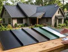 White farmhouse with a charcoal metal roof and black window trim