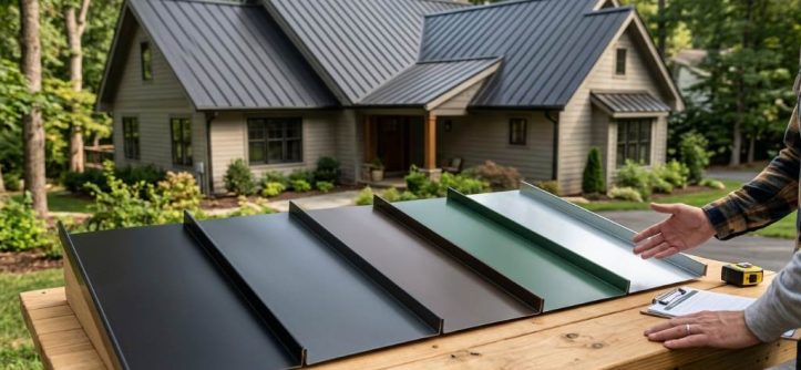 White farmhouse with a charcoal metal roof and black window trim