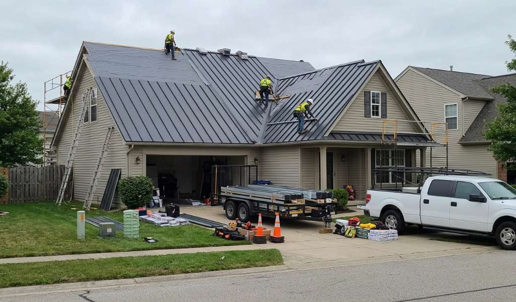 a roofer measuring a metal roof panel with a tape