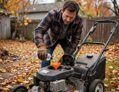 Homeowner adding fuel stabilizer to a lawn mower tank before winter storage outdoors