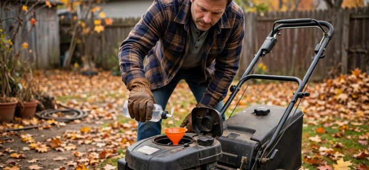 Homeowner adding fuel stabilizer to a lawn mower tank before winter storage outdoors
