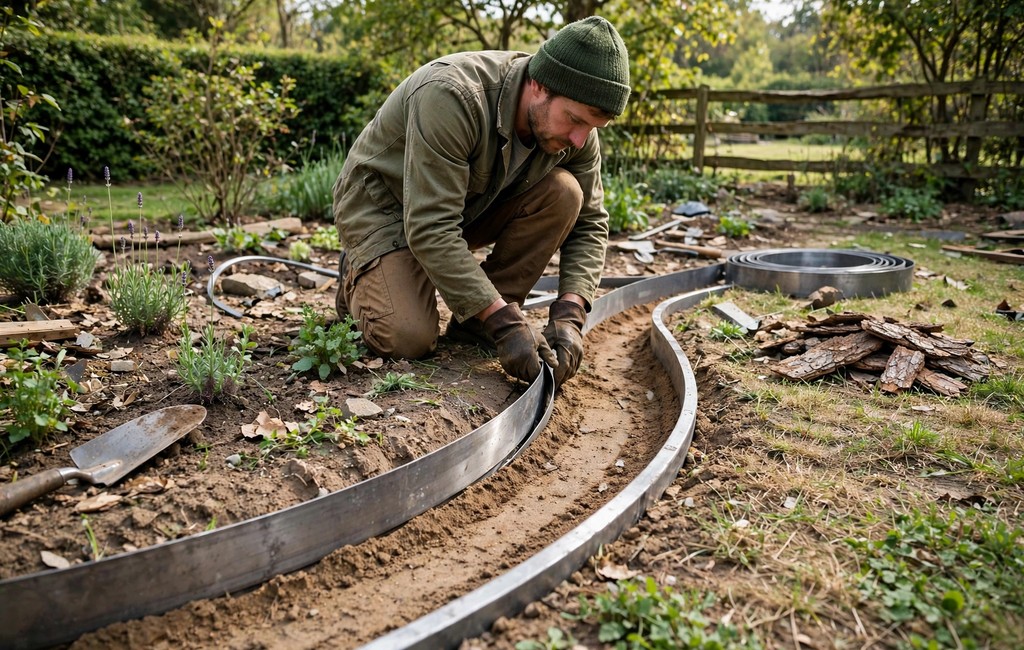 Install metal garden edging: gardener bending a steel edging strip along a marked curved trench