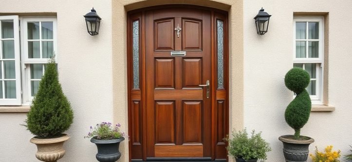 A wooden front door with glass side panels set in a beige wall between two white windows.