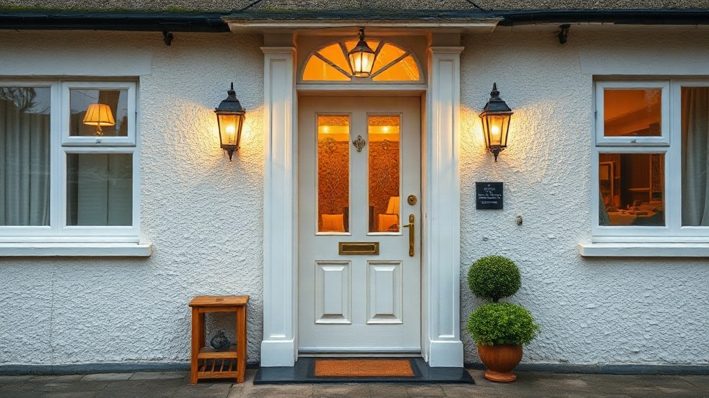 White front door with glass panels flanked by two lit wall lanterns on a textured white wall.