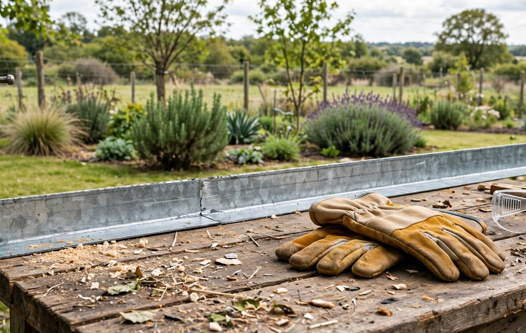 Cut metal garden edging: clamped metal garden edging strip ready for a safe accurate cut