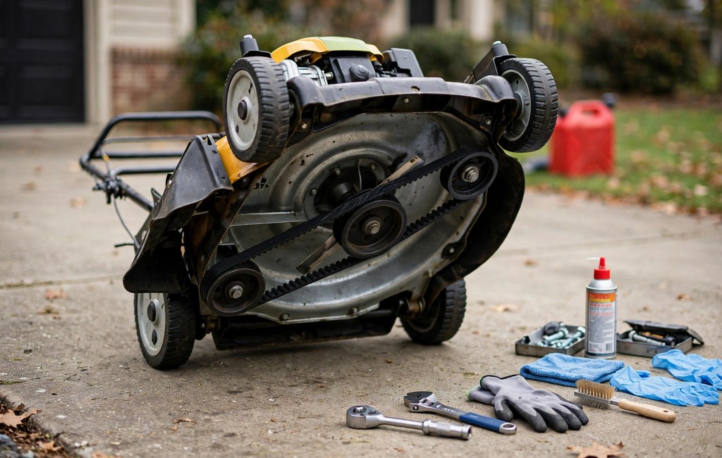 Clean mower deck and drive belt during seasonal maintenance service