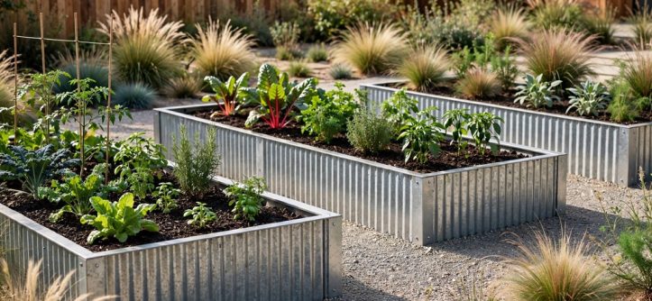 Contemporary backyard with corrugated galvanized metal edging around raised vegetable beds, ornamental grasses, dark mulch, and a gravel walkway