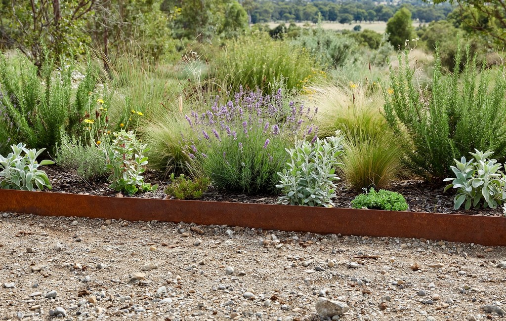 Metal edging gravel paths: corten steel border separating a gravel walkway from a planted garden bed