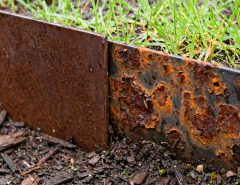 Metal garden edging showing weathered reddish brown Corten steel patina beside localized corrosion on untreated steel