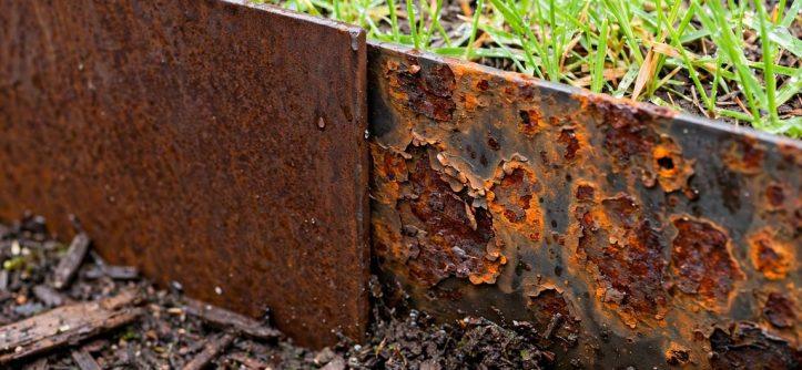 Metal garden edging showing weathered reddish brown Corten steel patina beside localized corrosion on untreated steel