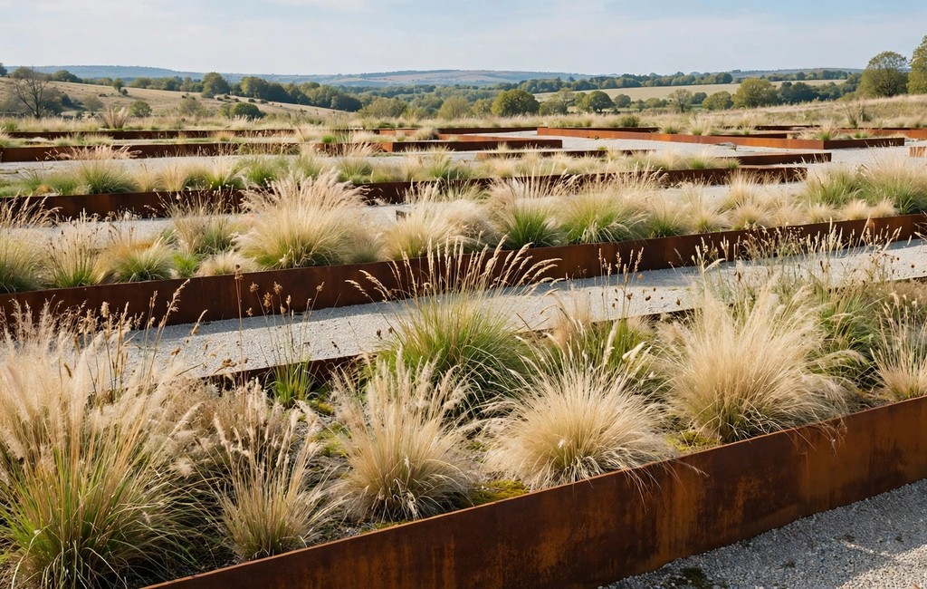 Modern metal garden edging: corten steel border framing ornamental grasses in a minimalist garden layout