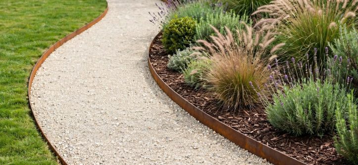 Contemporary garden pathway edged with narrow Corten steel strips containing pale decorative gravel