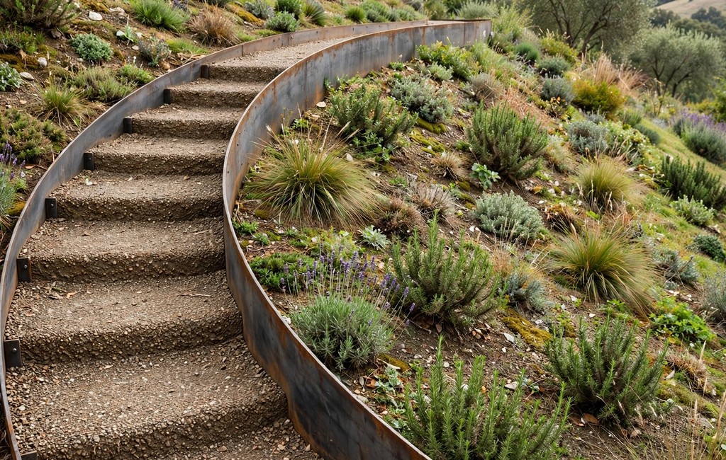 Metal garden edging sloped: curved steel edging beside gravel steps on a hillside garden