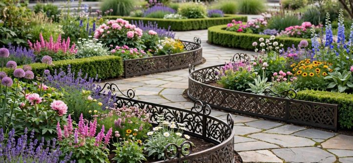 Ornamental garden with decorative metal edging featuring elegant cutout patterns and curved ironwork around flower beds