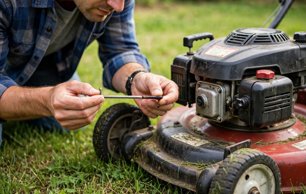 Homeowner checking lawn mower oil level with a dipstick outdoors