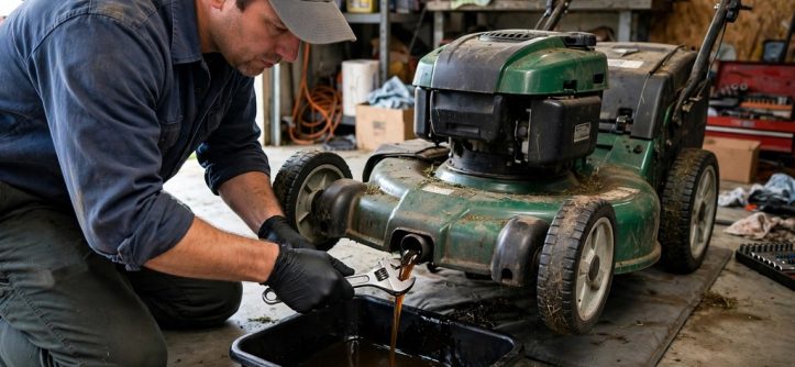 Owner draining warm used oil from a mower drain plug into a low pan