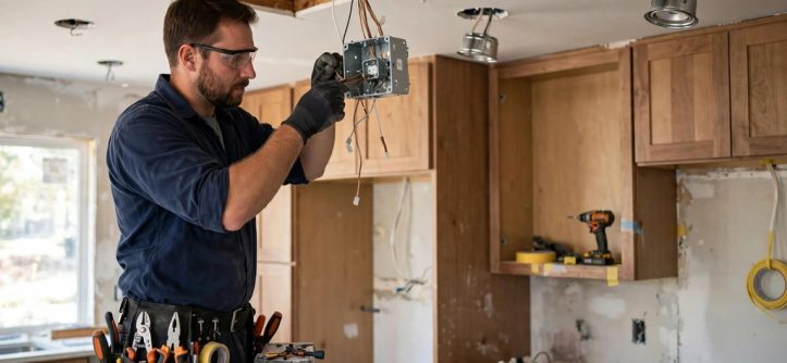 Electrician wiring a junction box while installing recessed kitchen lighting