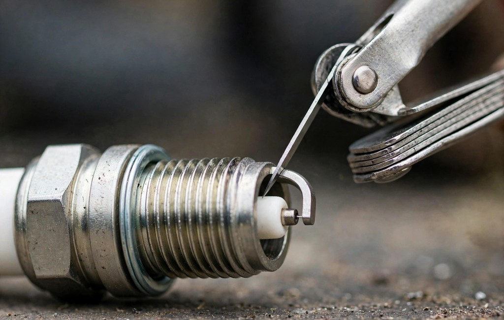 Feeler gauge measuring the electrode gap on a new lawn mower spark plug
