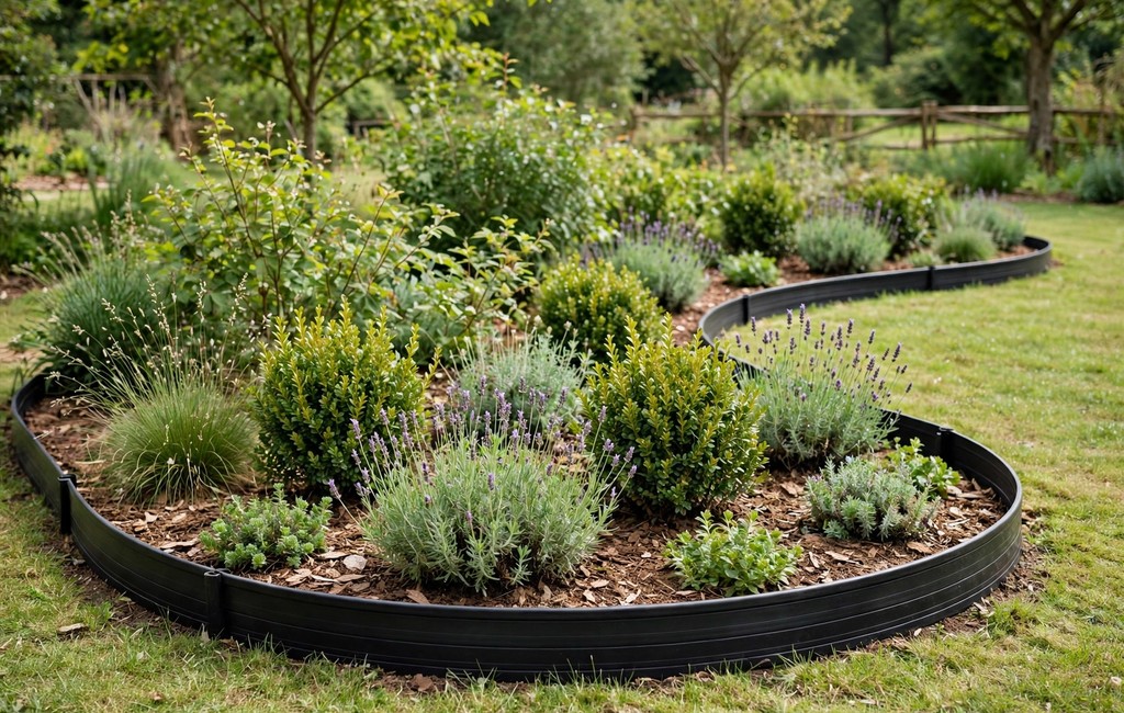 Metal plastic garden edging: flexible plastic edging curving around a garden bed with shrubs