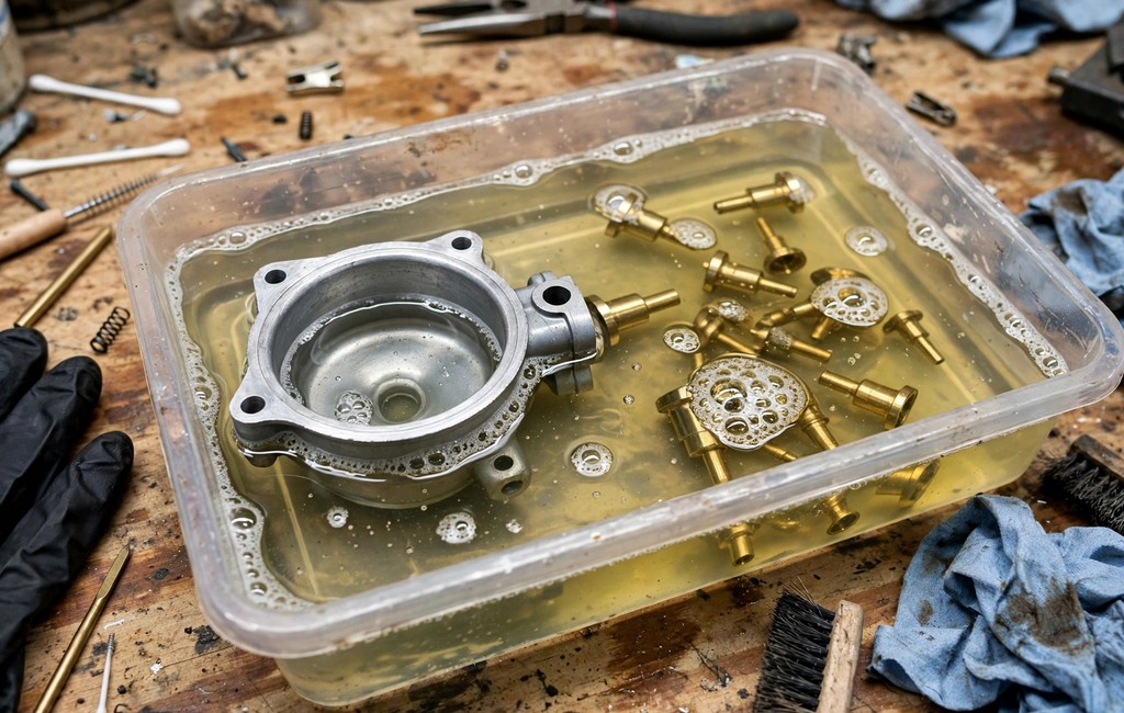 Clean lawn mower carburetor: float bowl and brass jets soaking in carburetor cleaner
