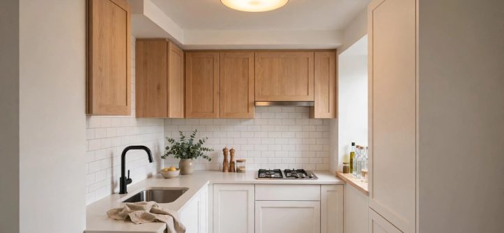 Flush mount ceiling light glowing in a small kitchen with low ceilings