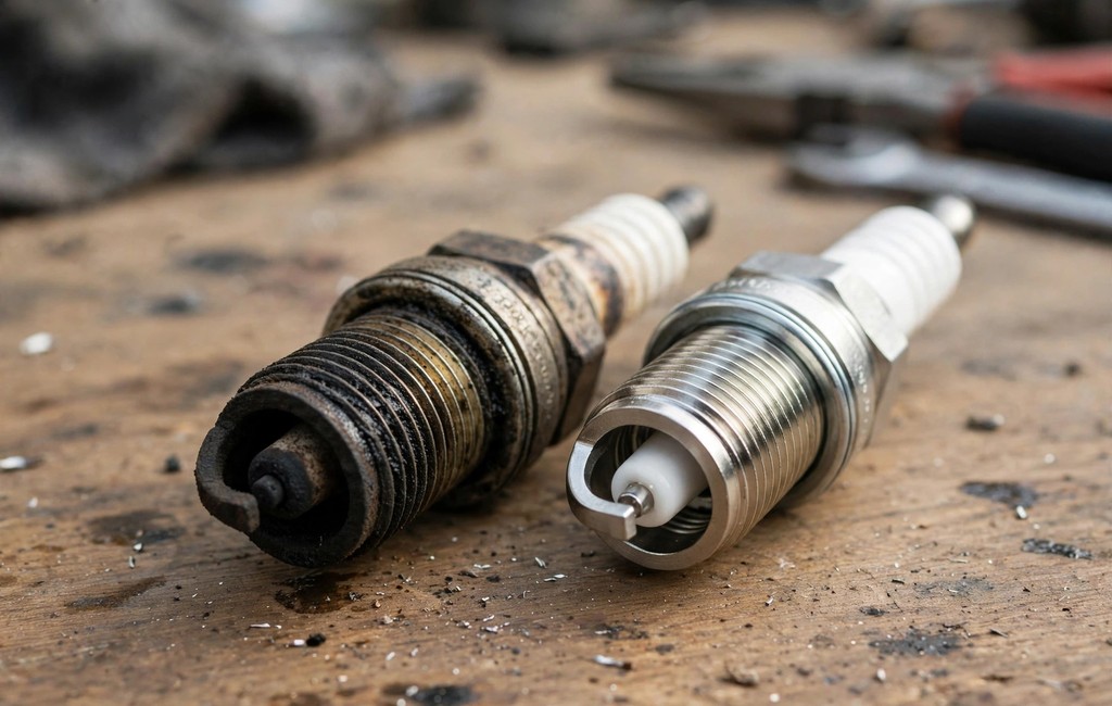Lawn mower won't start: fouled spark plug beside a clean replacement plug