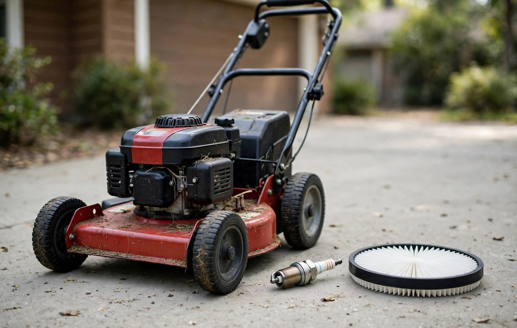 Fresh spark plug and air filter beside a walk behind mower