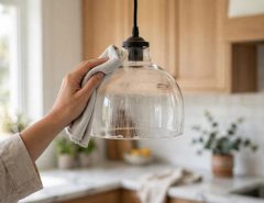 Glass pendant light shade being wiped clean with a microfiber cloth