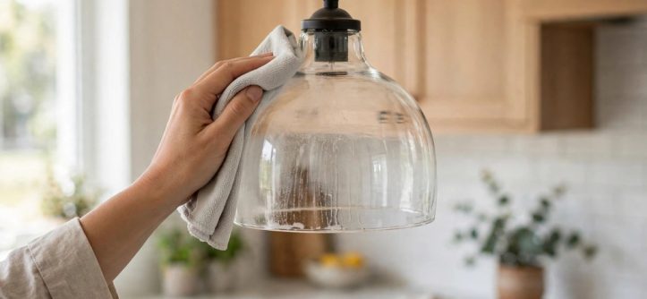 Glass pendant light shade being wiped clean with a microfiber cloth