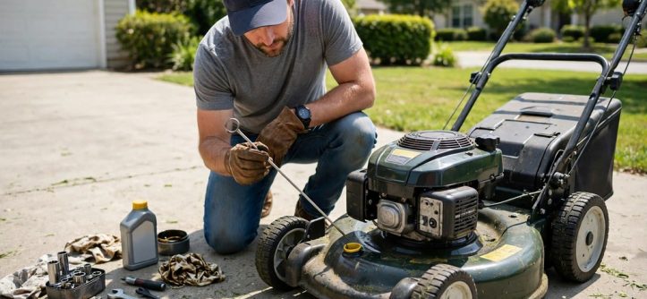 Homeowner checking lawn mower oil level with a dipstick outdoors
