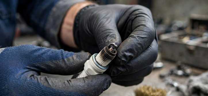 Technician inspecting a lawn mower spark plug for carbon fouling and electrode wear