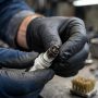 Technician inspecting a lawn mower spark plug for carbon fouling and electrode wear