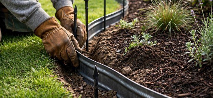 Landscaper installing flexible metal edging around a smooth curved flower bed, partially secured by ground stakes