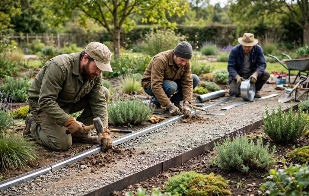 Metal garden edging: gardeners installing metal edging strips along a gravel path