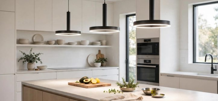 LED pendant lights over a kitchen island showing efficient task lighting