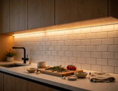 LED strip lights mounted under kitchen cabinets illuminating the countertop