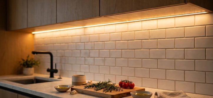 LED strip lights mounted under kitchen cabinets illuminating the countertop