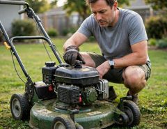 Homeowner loosening a lawn mower fuel cap to test a blocked vent