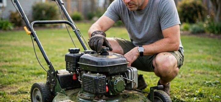 Homeowner loosening a lawn mower fuel cap to test a blocked vent