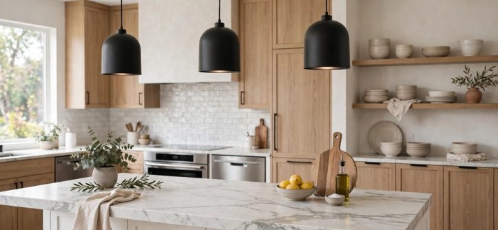 Matte black pendant lights hanging over a white kitchen island with marble countertops