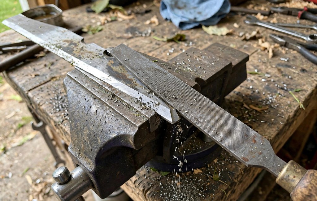 Metal file sharpening the bevel of a clamped lawn mower blade on a workbench