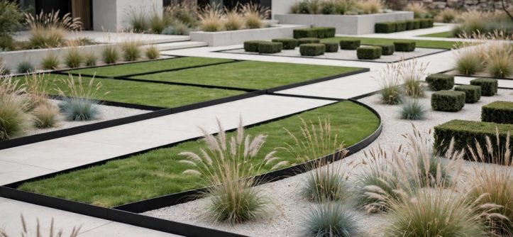 High end contemporary garden with minimalist black steel edging defining geometric lawn sections, pale concrete paving, and ornamental grasses