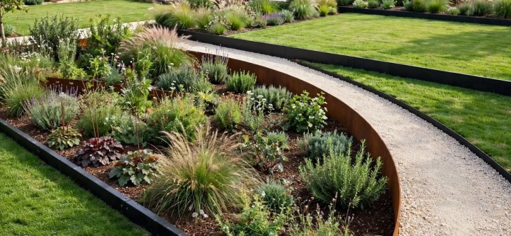 Modern residential garden with sleek metal garden edging creating clean borders between lawns, curved flower beds, ornamental grasses, dark mulch, and a pale gravel pathway