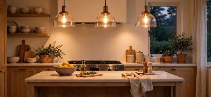Pendant lights over a kitchen island glowing in warm 3000K light
