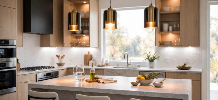 Pendant lights over a kitchen island showing layered task and ambient lighting