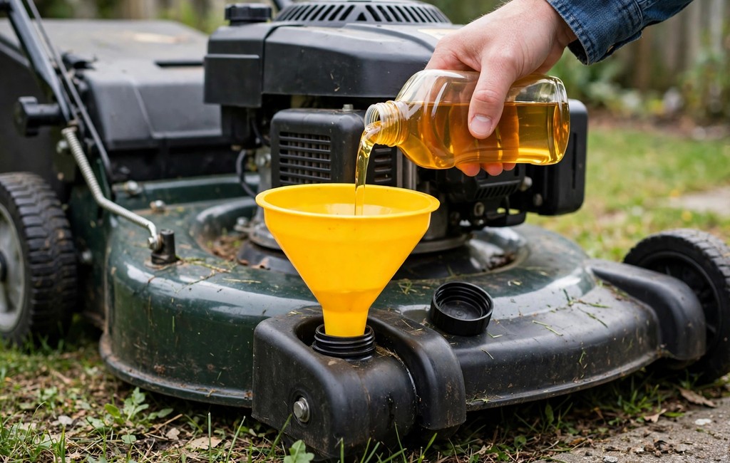 Change lawn mower oil: fresh small engine oil pouring through a funnel into the fill opening