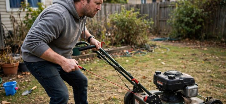 Owner pulling a recoil starter cord on a mower that refuses to start