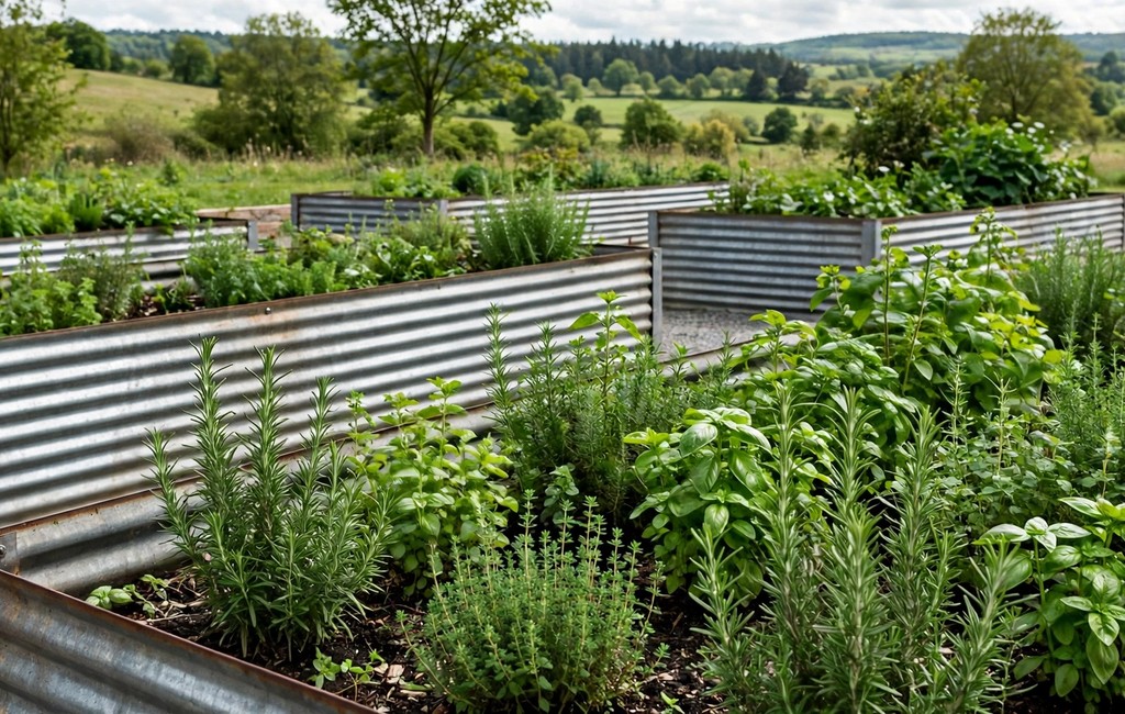 Corrugated metal garden edging: raised beds with corrugated metal sides and green herbs